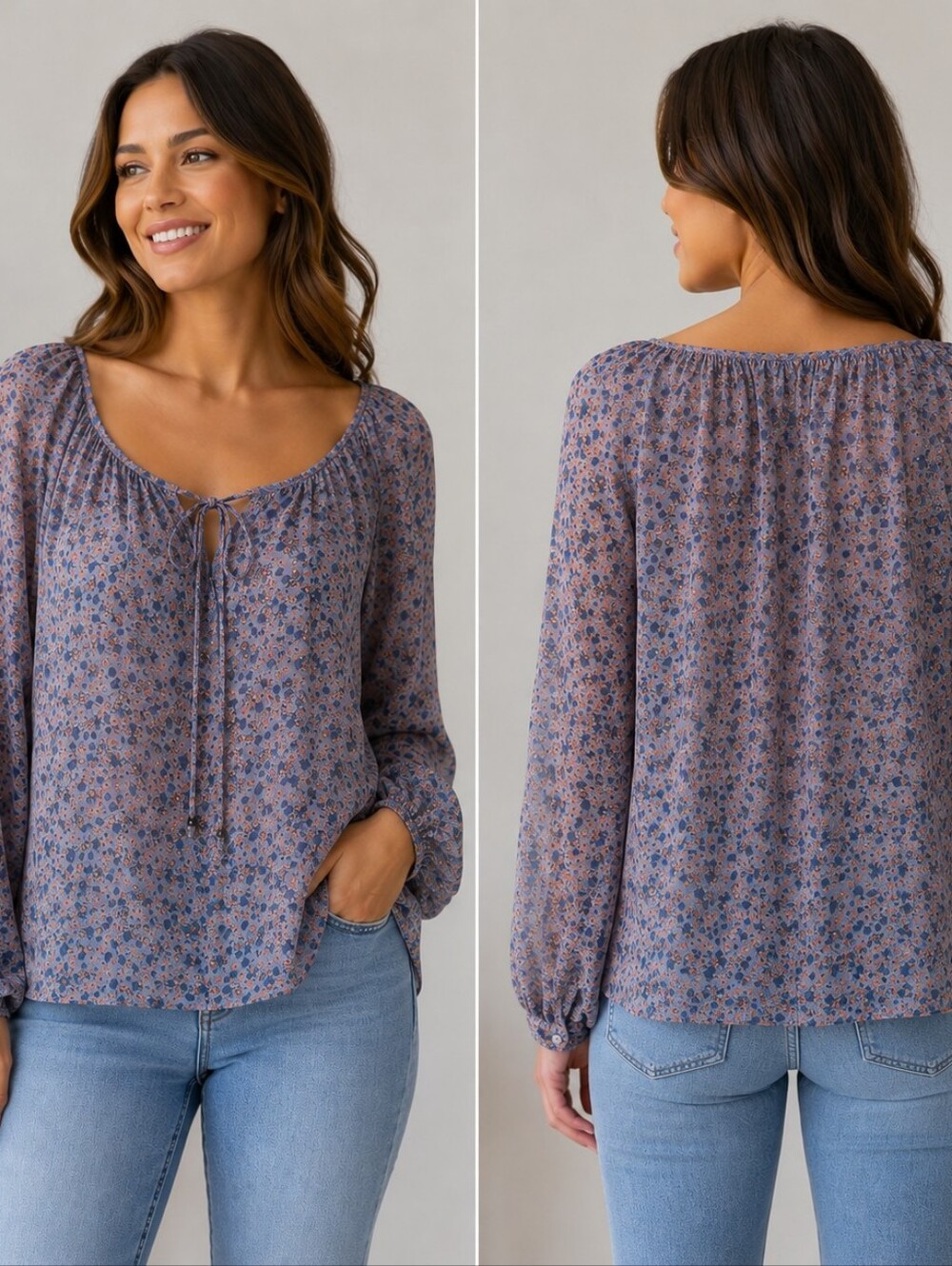 Espirit Collection Sheer Floral Tie Neck Blouse Blue Coral  Lightweight Size XS